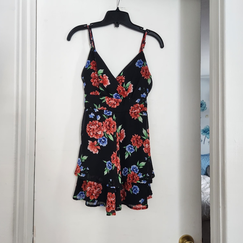 Floral V-Neck Spaghetti Strap Romper - Black with Red & Blue Flowers